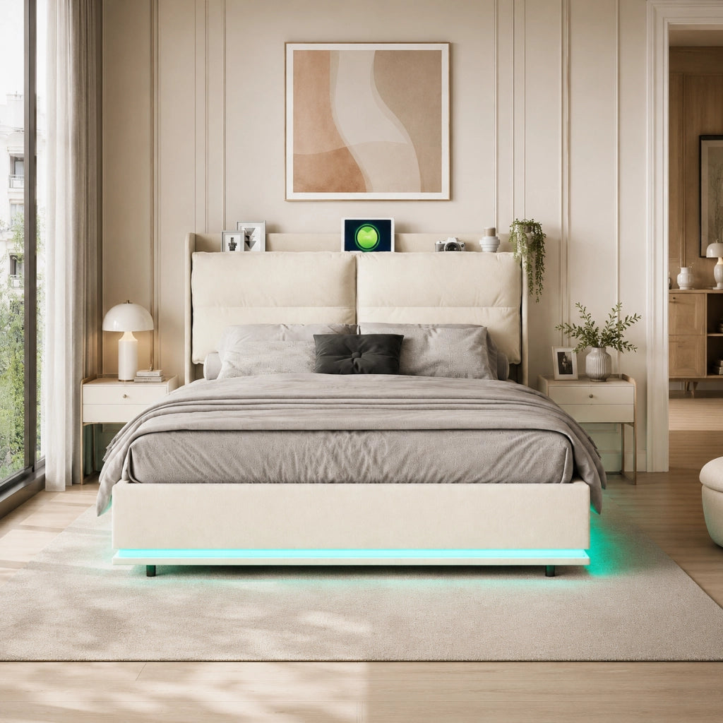 Letto contenitore 140x200 cm velluto beige, testiera imbottita, ricarica wireless, USB‑C e USB, luci RGB‑LED con telecomando, meccanismo idraulico