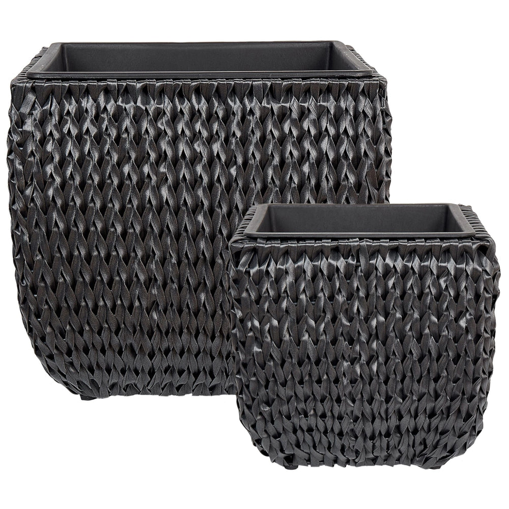 Set di 2 vasi per piante nero PE Rattan rotondo per interni e per esterni con inserto in plastica