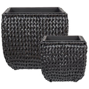 Set di 2 vasi per piante nero PE Rattan rotondo per interni e per esterni con inserto in plastica