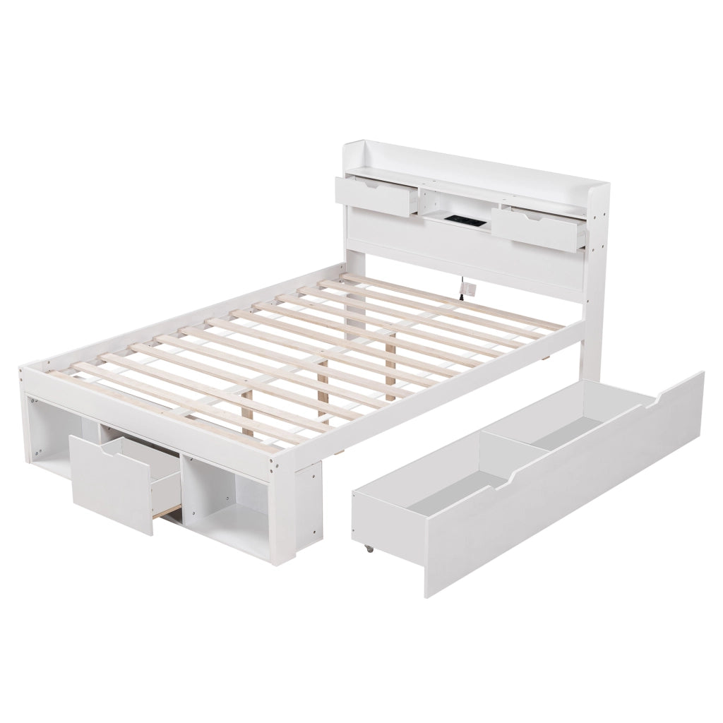Letto singolo/matrimoniale 140x200 cm bianco con USB, Type-C, cassetti e vano contenitore, senza materasso