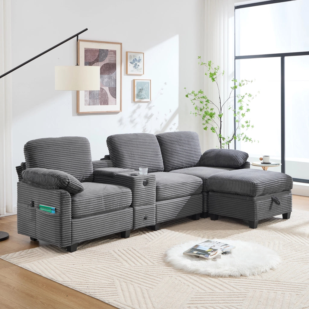 Divano dritto con contenitore, Tasche laterali, Porta USB-C e pouf mobile in velluto a coste, Grigio scuro