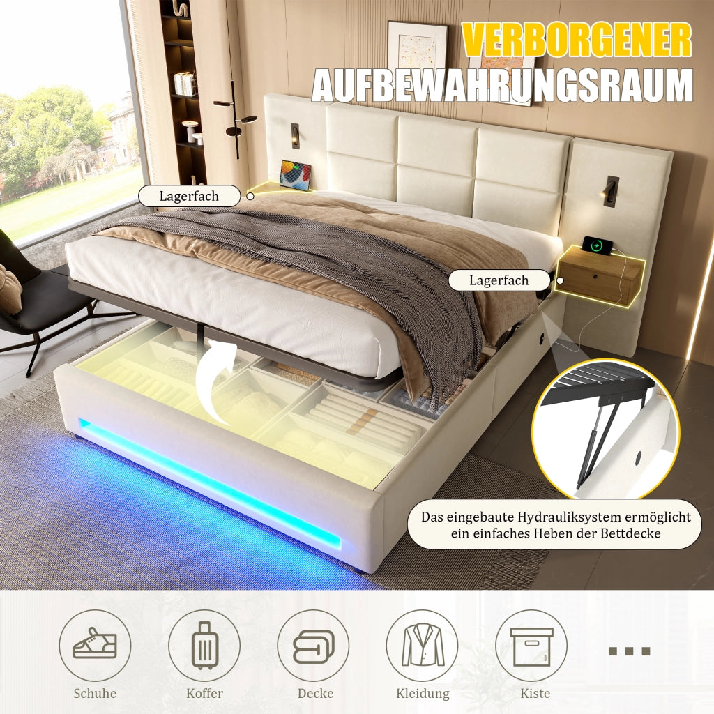 LETTO Contenitore 160x200 cm in velluto beige con testiera ampia, LED e USB-C