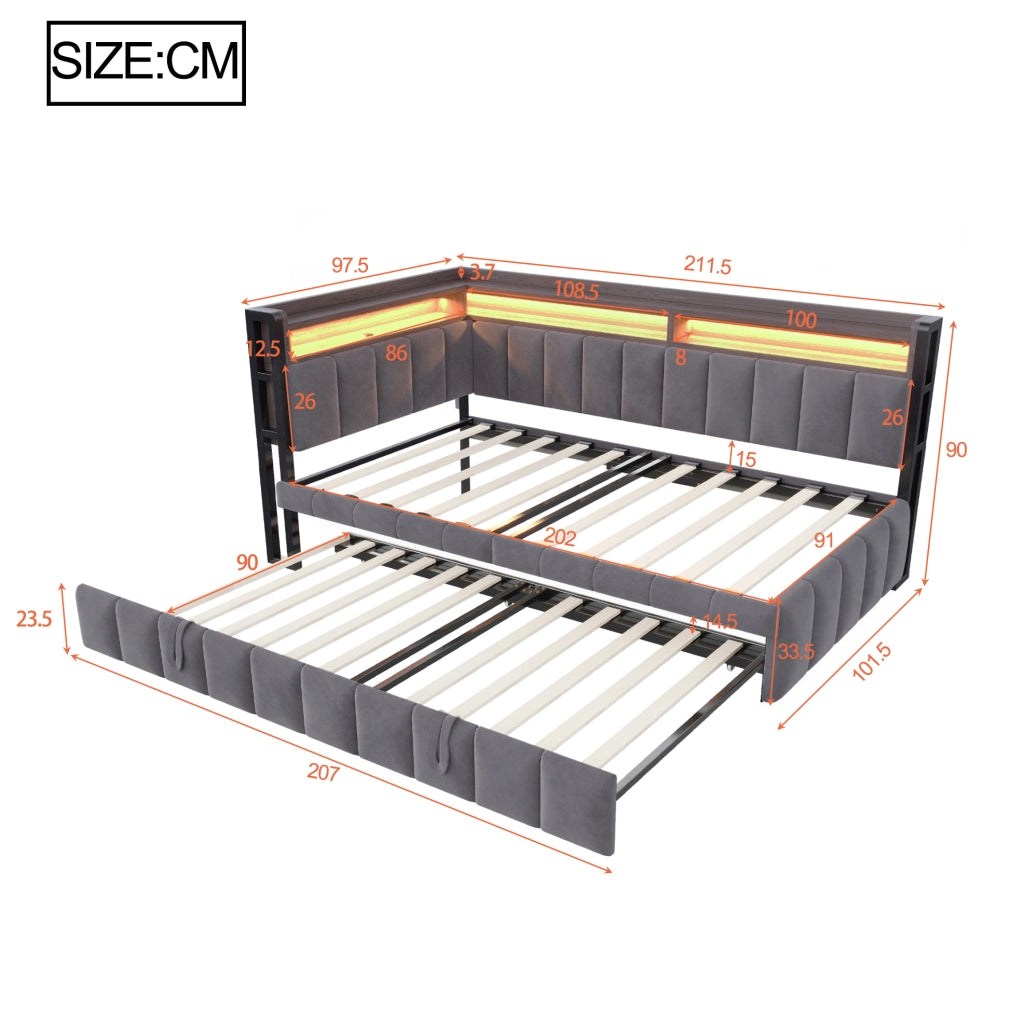 Divano letto estraibile 90x200 cm con LED, USB e USB-C