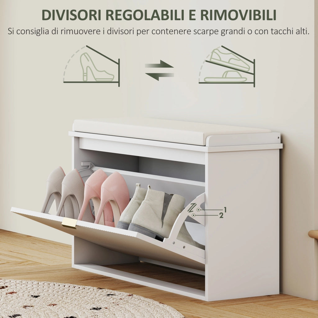 Panca Scarpiera con Ripiano Interno, in Legno e Tessuto Effetto Lino, 80x26x47.5 cm, Bianca e Beige