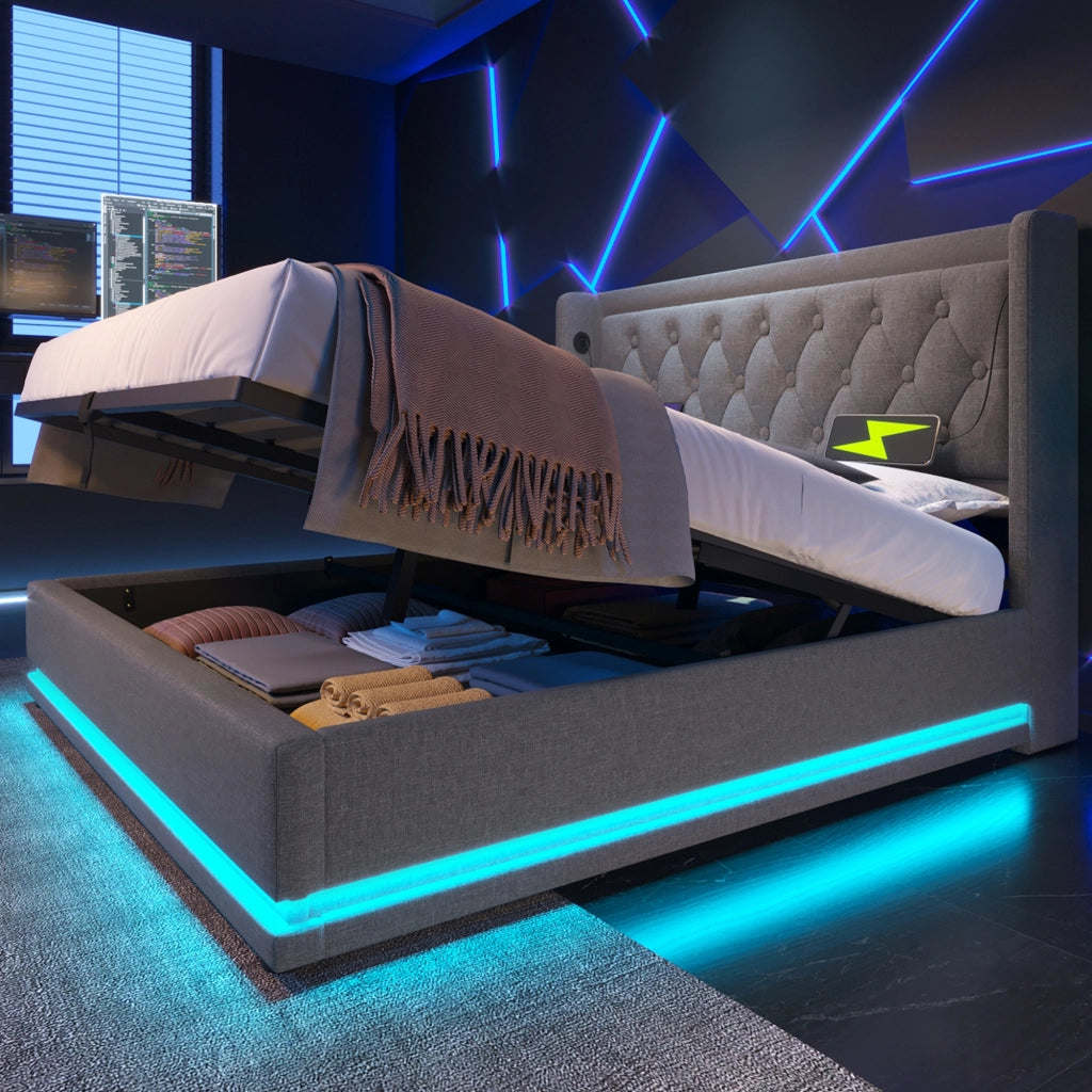 LETTO Contenitore 160x200 cm Grigio Cotone con USB Type-C e LED 3 lati