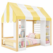 Letto a Soppalco 90x200 cm; Letto Singolo - Baldacchino e 2 Vani; in Legno Bianco Naturale
