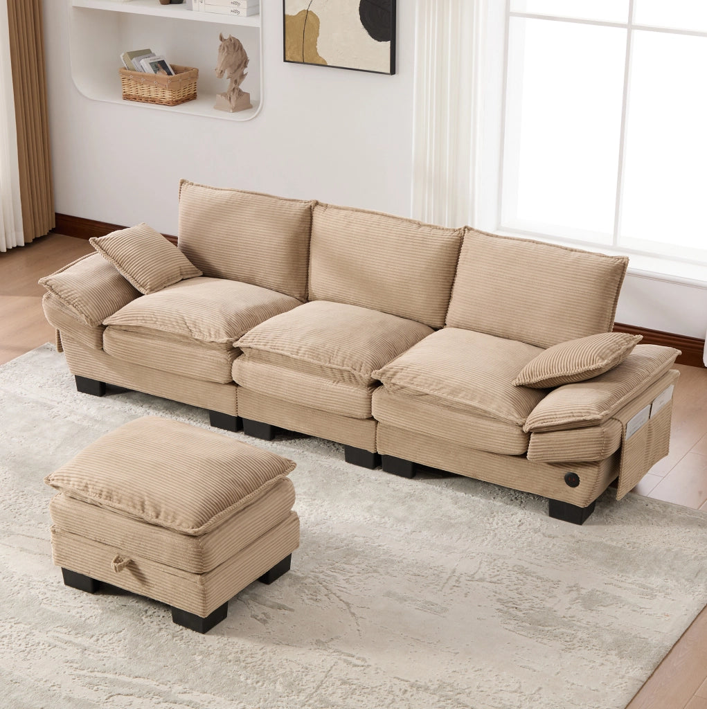 Divano modulare 3 posti in velluto a coste khaki con pouf