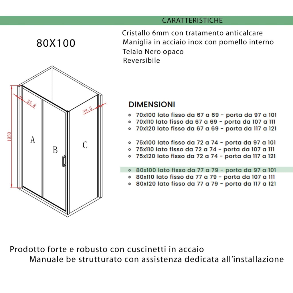 Box doccia tre lati porta scorrevole profili neri h195 6mm agata, misura 80x100x80