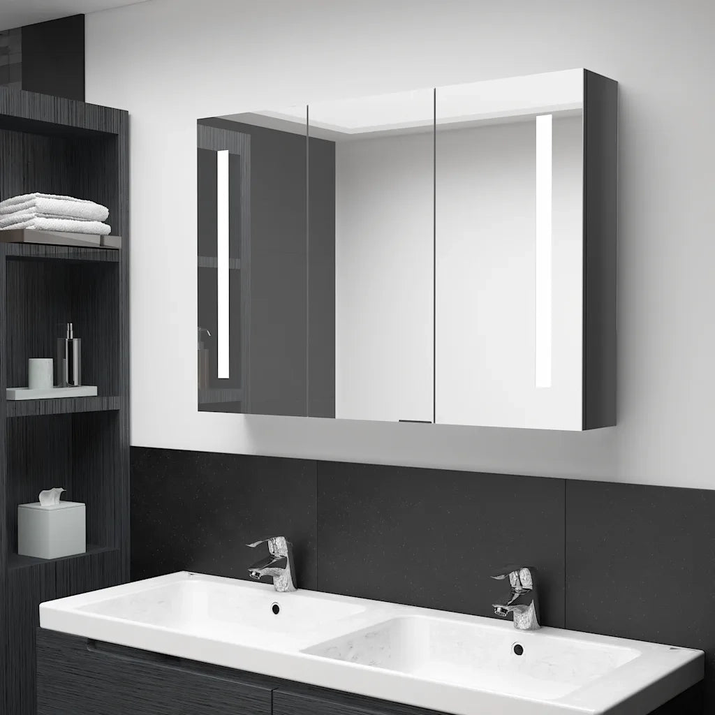 Armadietto Bagno | Armadio da bagno con Specchio e LED 89x14x62 cm Grigio Lucido