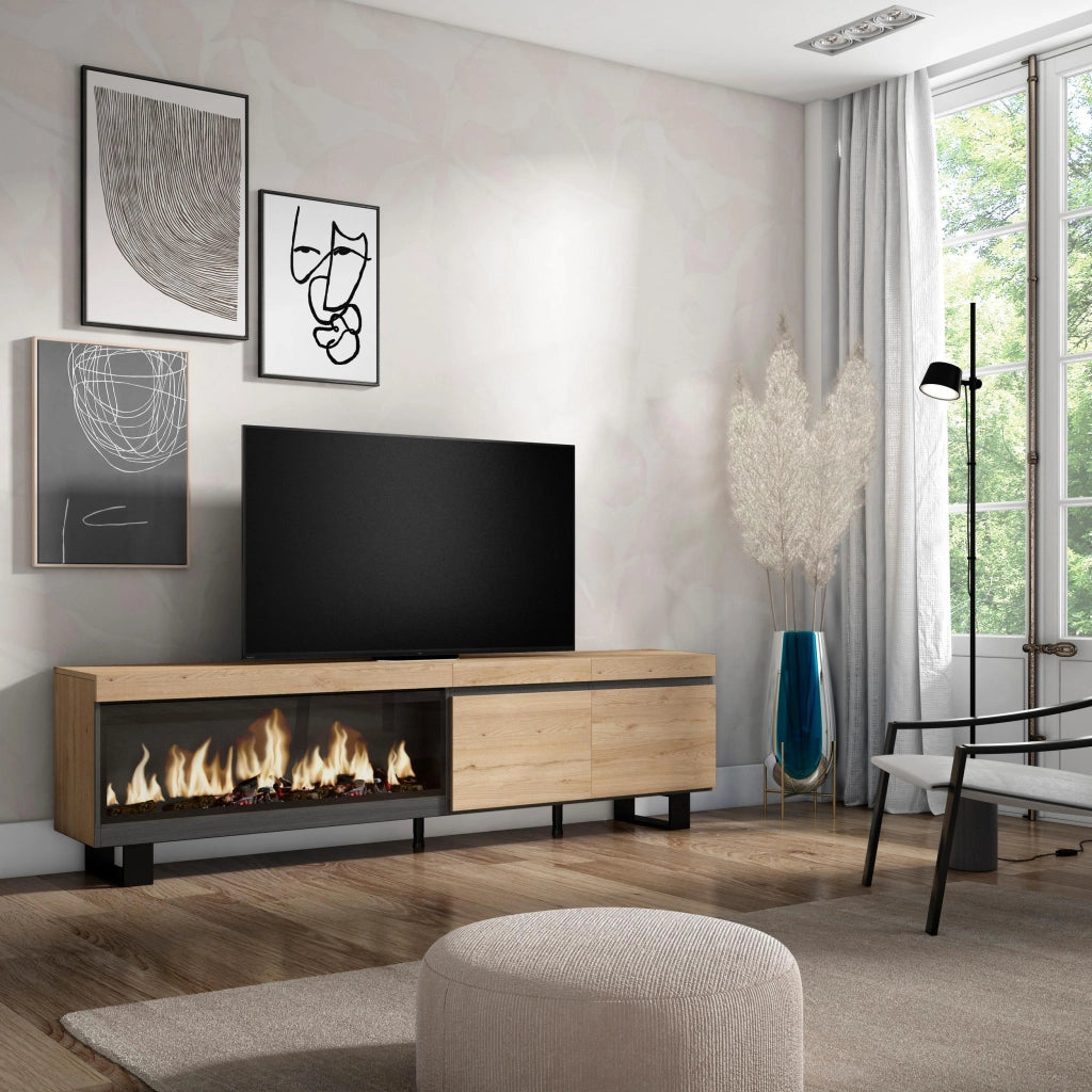 Mobile TV Soggiorno, 208x35x57cm, Per TV fino a 80", Camino elettrico XXL, Design industriale, colore Rovere RF3276