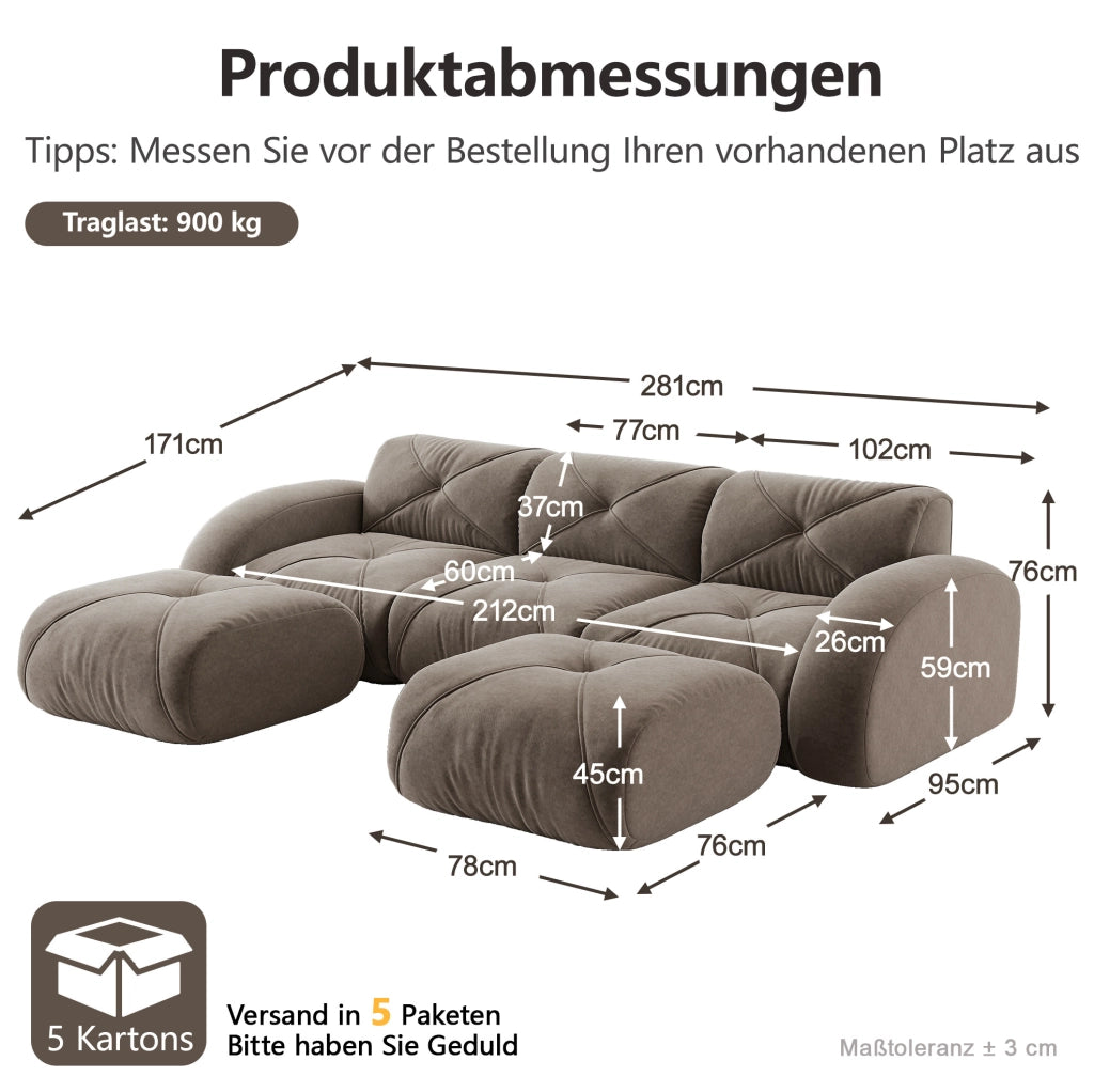 Divano modulare a U 281x171x76 cm in chenille tortora; struttura senza telaio