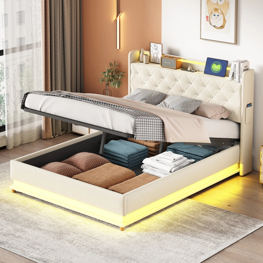 Letto Contenitore 140x200 cm con LED; USB e vano idraulico in Tessuto Beige