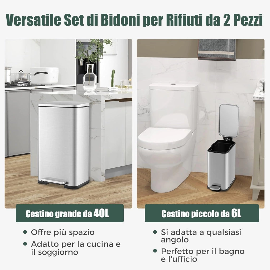 Set di 2 Cestini per Spazzatura 40/6L, Cestino per Rifiuti in Acciaio Inox con Secchi Interni Rimovibili, Coperchi Aperti e Chiusura Morbida, Bidoni per Cucina Bagno e Ufficio