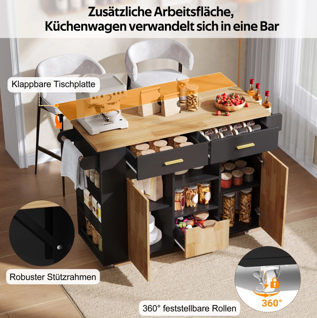Isola cucina mobile con piano ribaltabile e cassetti