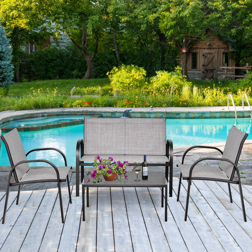 Set mobili da giardino con 4 pezzi per chiacchierare, Sedie da cortile in ferro e tessuto a rete con tavolino in vetro, Grigio-Set mobili da esterno