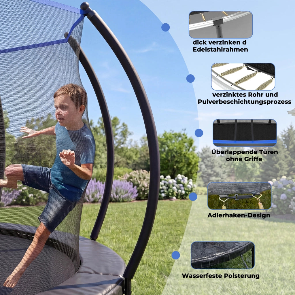 Trampolino da esterno 7,5 piedi con rete di sicurezza acciaio nero e blu per bambini da 6 anni per il giardino