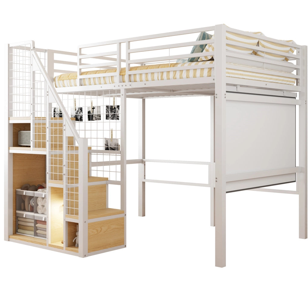 Letto a castello alto 140x200 cm con scala; struttura in metallo; bianco