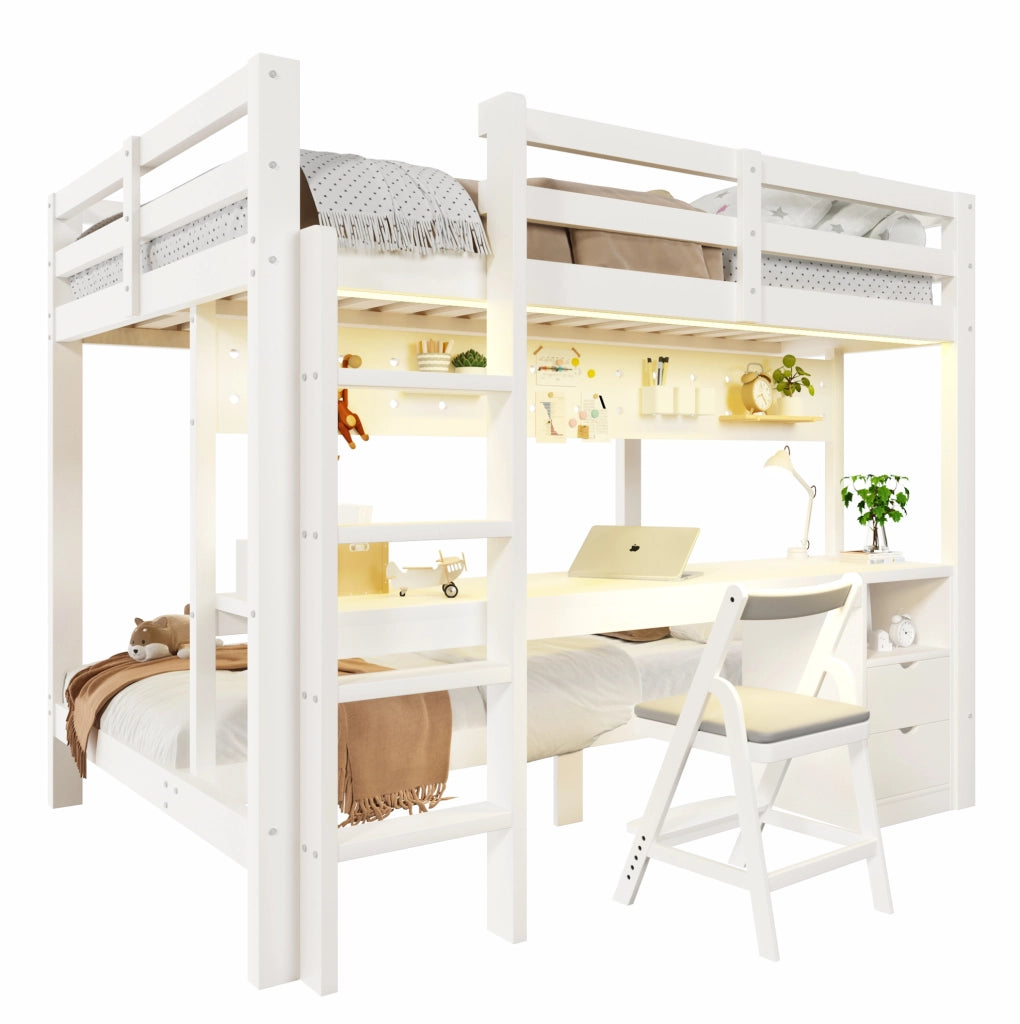 Letto a castello con scrivania, cassetti e luce LED 140x200/90x200