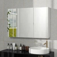 Mobiletto con Specchio da Bagno, Mobiletto da Bagno con 3 Porte Specchiate, Montaggio a Parete, 90 x 15,5 x 60 cm, Truciolato, Bianco