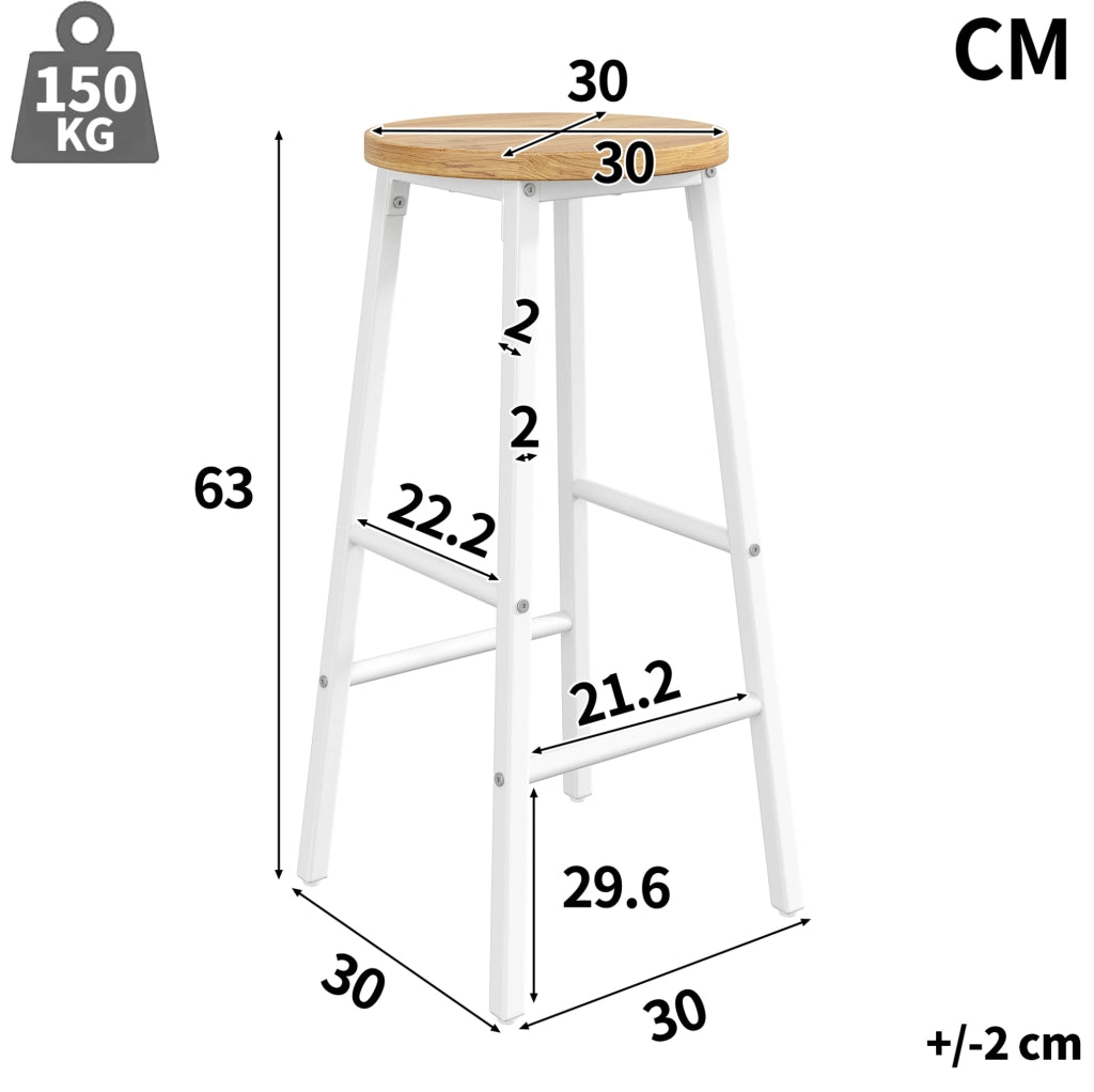 Set di 2 sgabelli da bar bianchi in MDF e metallo, altezza 63 cm