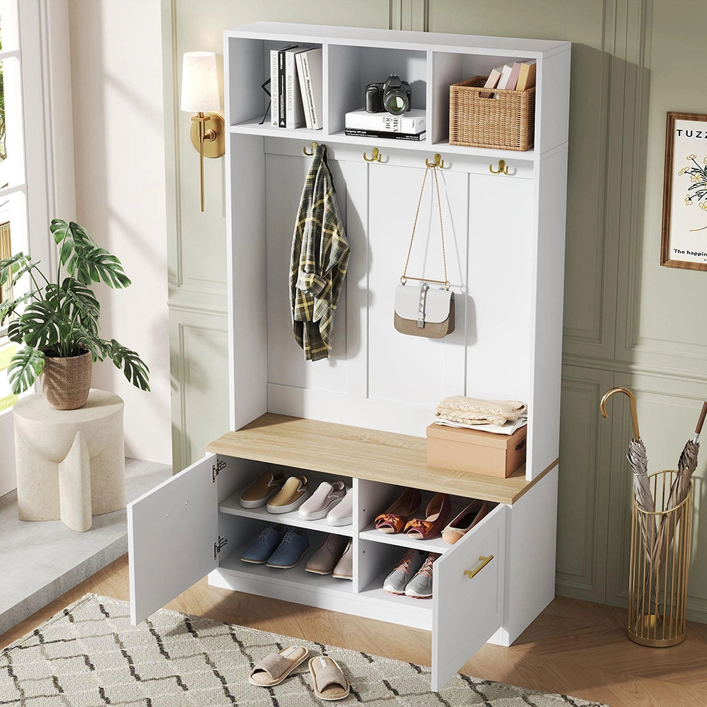 Vestiaire con panchina - Xylo - 105¡Á40¡Á180 cm - Naturale e bianco - 4 ganci e 2 porte