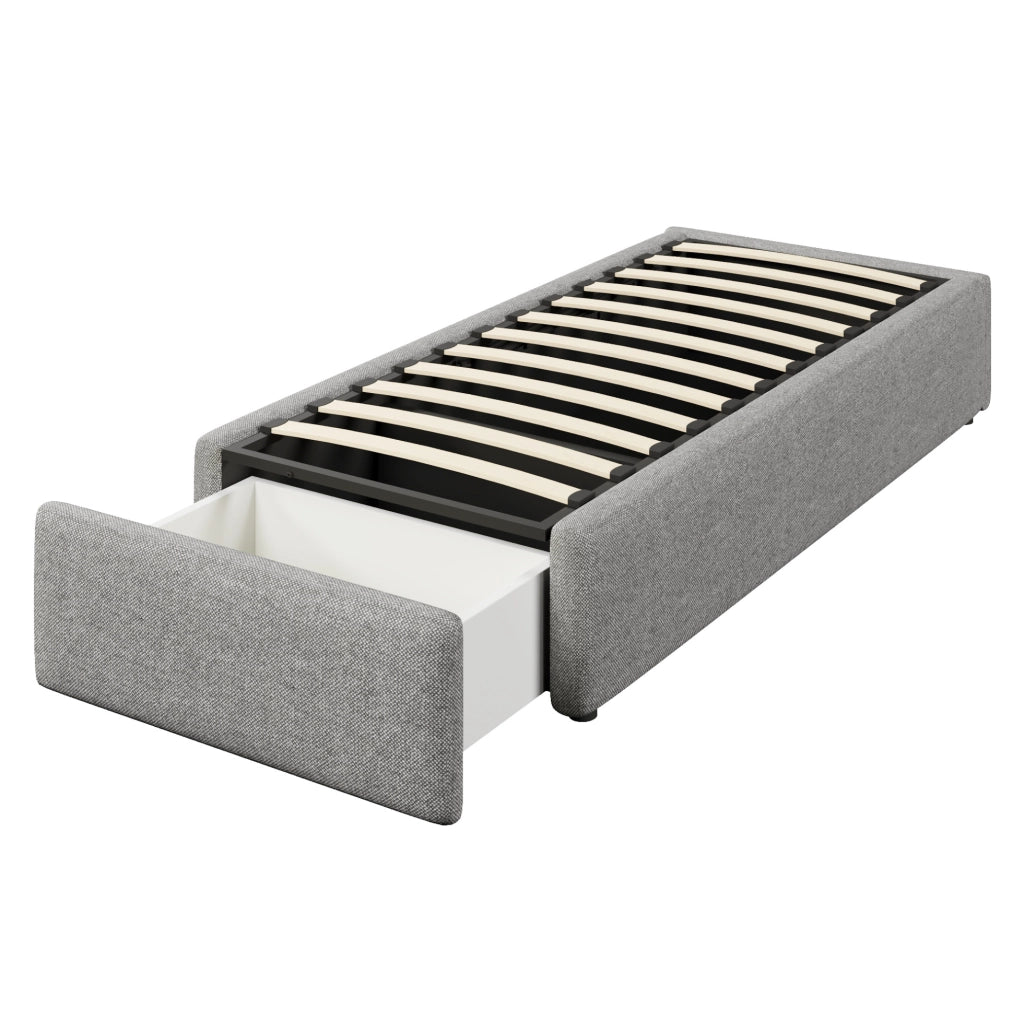 Letto singolo imbottito ULEVR 90x200 cm con contenitore idraulico e cassetto, grigio