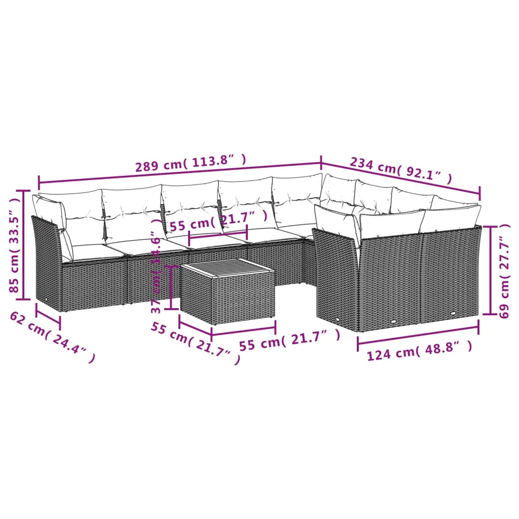 Set Divano da Giardino 10 pz con Cuscini Grigio in Polyrattan 3256151