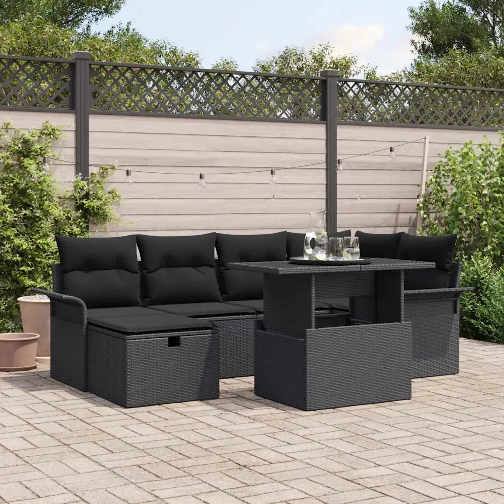 Set Divano da Giardino con cuscino 7 pcs Nero polyrattan