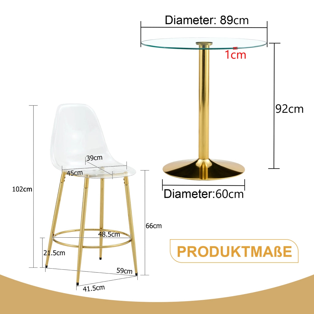 Set tavolo cucina e sedie con 1 tavolo alto e 4 sgabelli in vetro; metallo e plastica oro trasparente