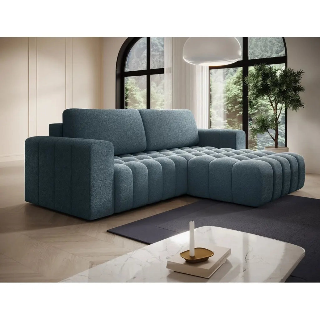 Divano angolare trasformabile DORY blu notte 250 cm con contenitore angolo destro