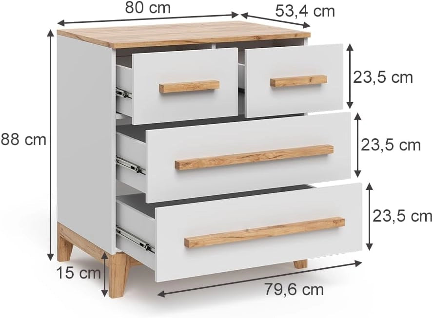 Cassettiera per camera da letto Malia, Bianco/Artisan, 80 x 88 cm con 4 cassetti, per riporre e combinabile con mobili Malia