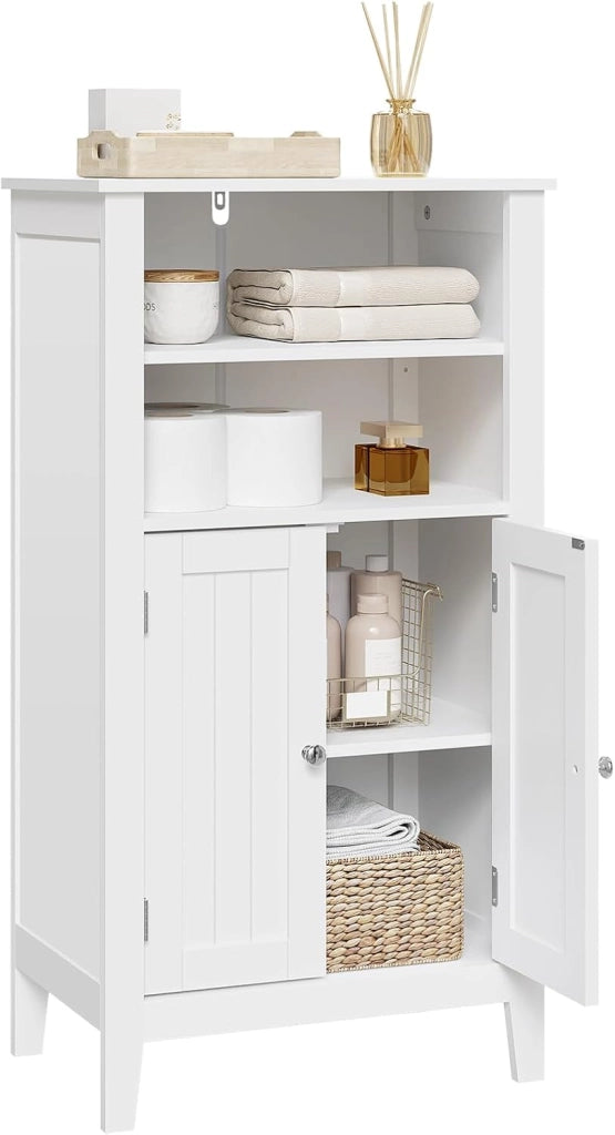 Armadietto da Terra Bianco Mobiletto Bagno Autoportante con Ante Salvaspazio in Legno
