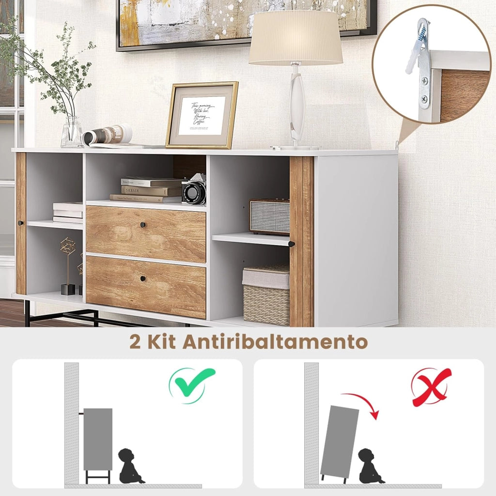 Mobile Credenza, Mobile TV con Ante Scorrevoli e 2 Cassetti, Mobile da Salotto con Foro per Cavi, Mobiletto Multiuso per Cucina, Sala da Pranzo, Soggiorno, 150 x 45 x 74 cm