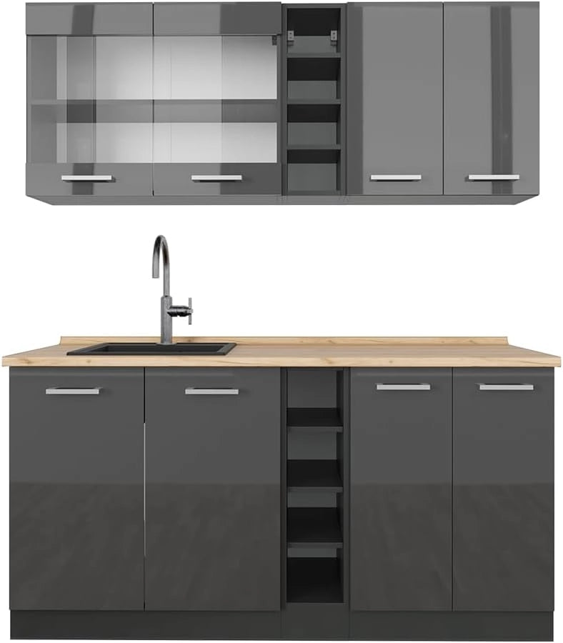 Cucina completa R-Line, Antracite lucido/antracite, 160 cm senza piano di lavoro, adatto per l'espansione individuale con moduli aggiuntivi