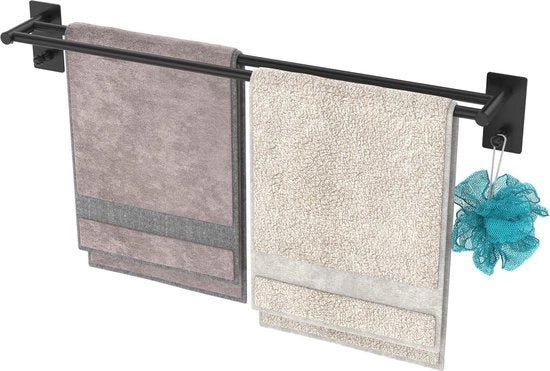 Handdoekenrek a secco per parete - doppia presa asciugamani - acciaio inox liscio 304 - bagno e cucina - 70 cm nero
