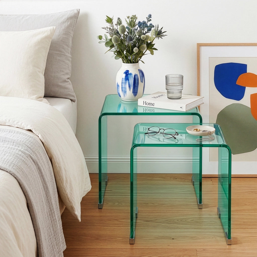 Set Kariengem di 2 Tavolini Sovrapponibili in Vetro - Verde [en.casa]