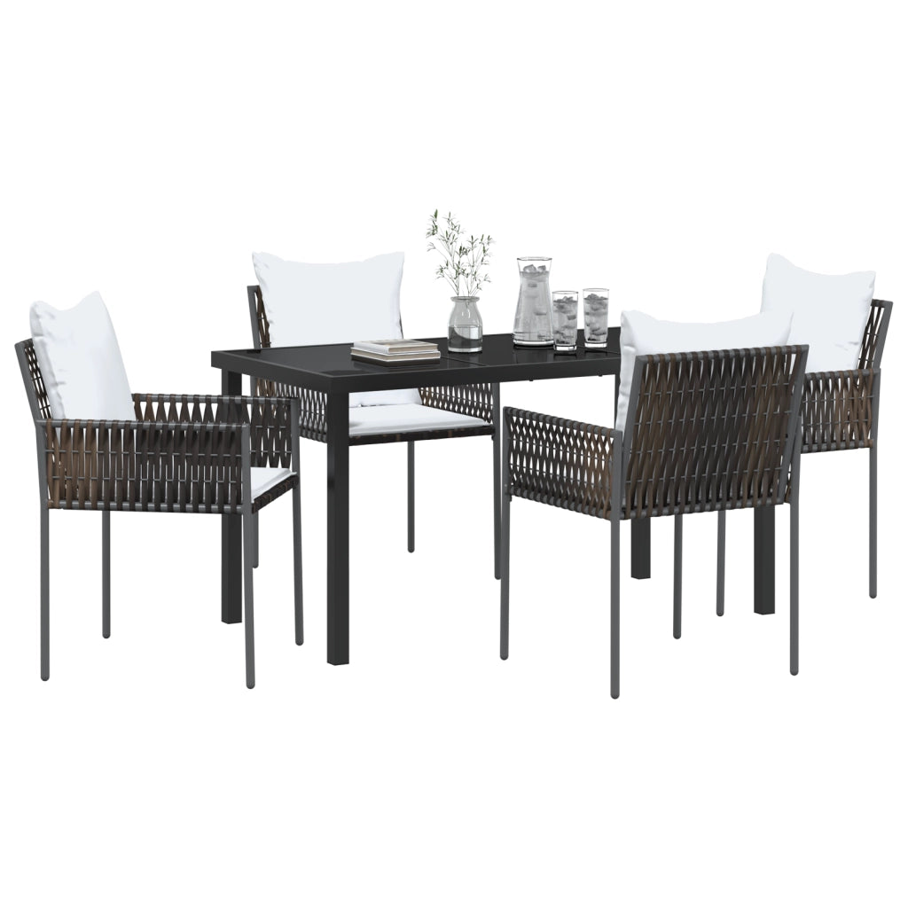 Set da Pranzo da Giardino di 5 Pezzi Marrone con Cuscini in Rattan Poliestere