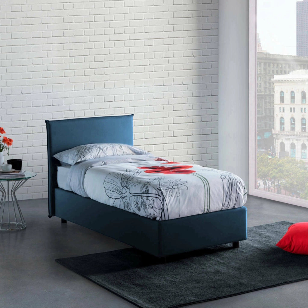 Letto singolo Alison, Letto contenitore con rivestimento in tessuto, Made in Italy, Apertura frontale, con materasso cm 90x200 incluso, Blu
