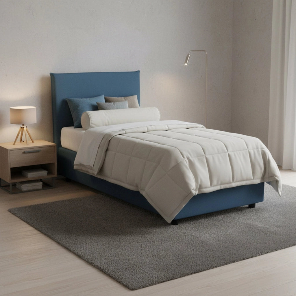 Letto singolo Alison, Letto contenitore con rivestimento in tessuto, Made in Italy, Apertura frontale, con materasso cm 90x200 incluso, Blu