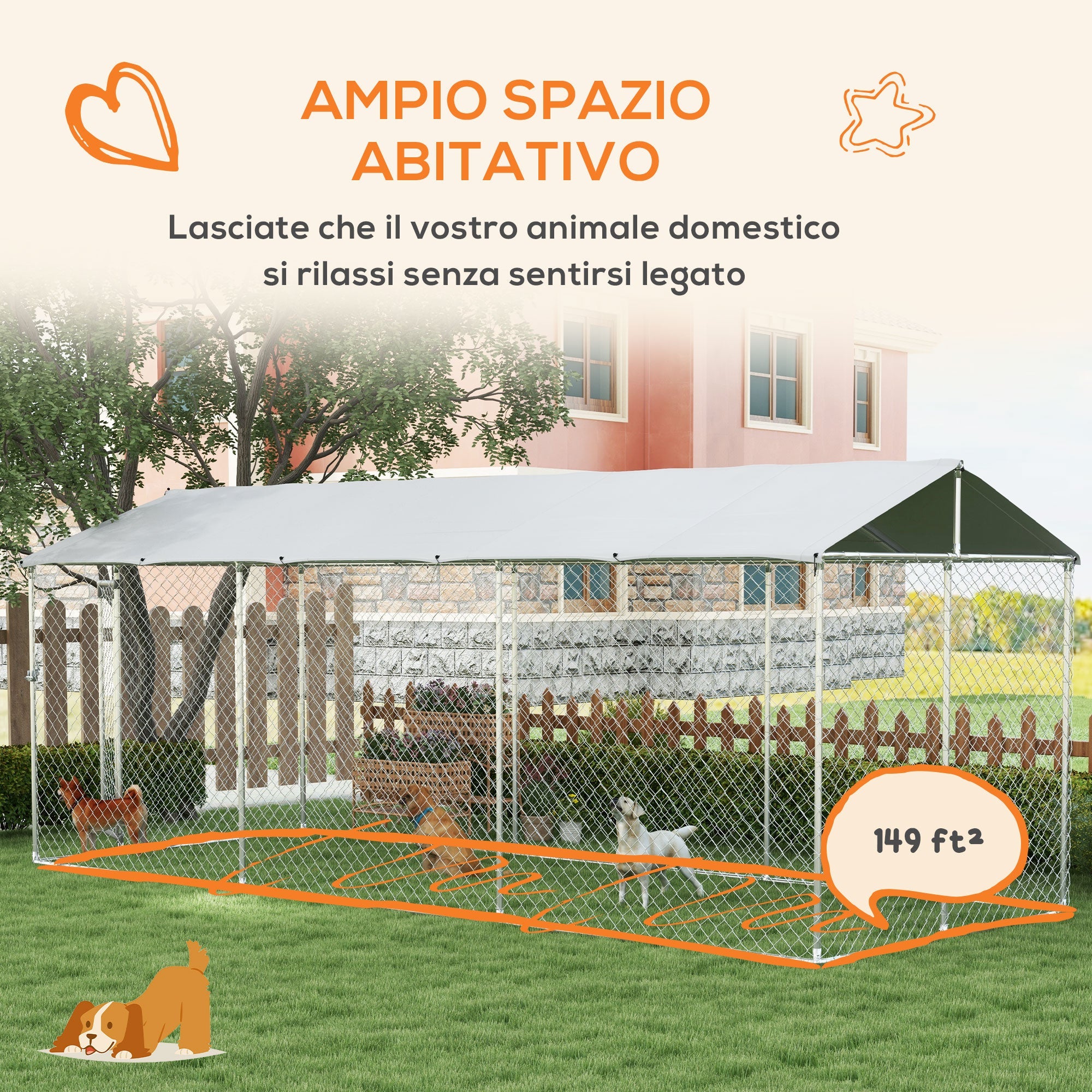 Kennel per Cani da Esterno 6x2,3x2,3m con Tetto Impermeabile in Tessuto Oxford e Acciaio Argento
