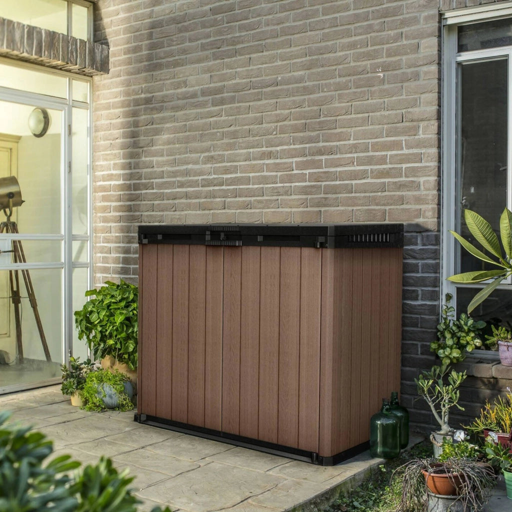 Armadio da esterno Napanee, Mobile outdoor, Mobiletto giardino multiuso, Contenitore per balcone o garage, 140x80 h120 cm, Marrone
