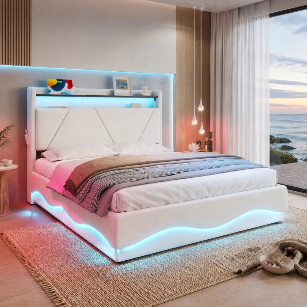 LETTO Contenitore 160x200 cm in velluto beige con LED, USB e tasche laterali