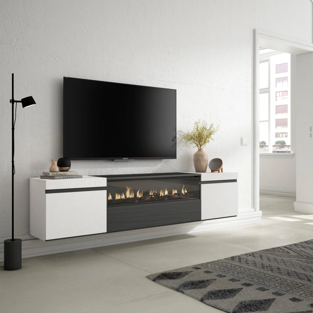 Mobile TV, 200x35x45cm, soggiorno, Per TV fino a 80", Camino elettrico, da appendere, Bianco e nero RF2171