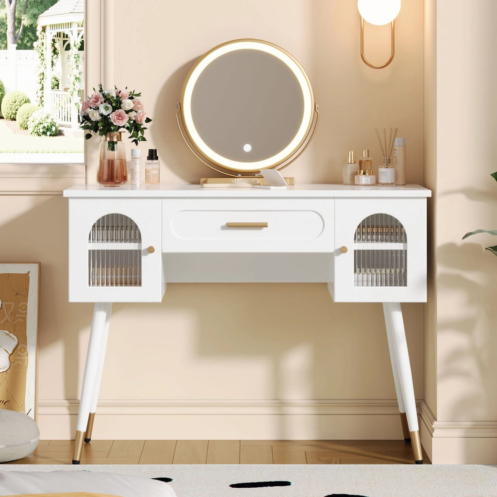 Toeletta con specchio LED; 1 cassetto e 2 ante; per camera da letto; 100×42×112 cm; bianco oro