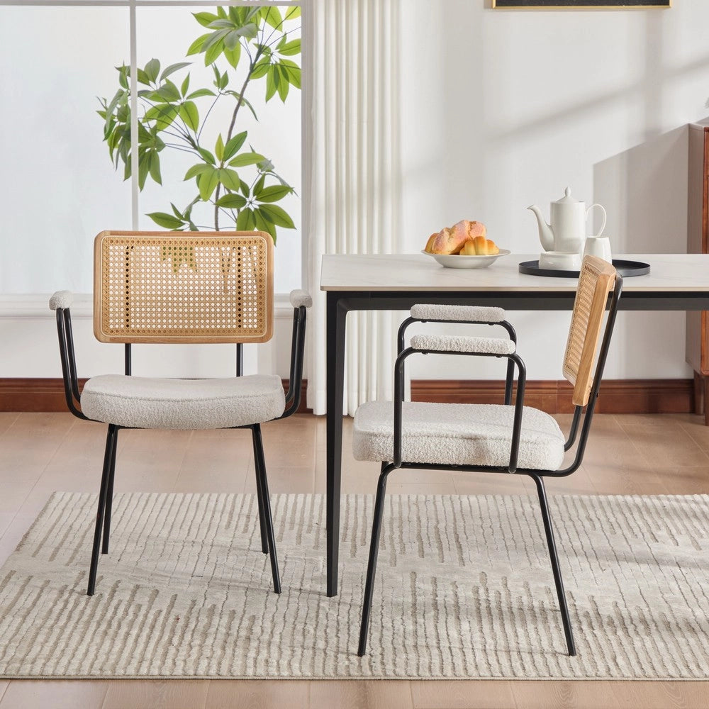 Sedie da Pranzo Set 2 Pezzi ¨C MINIMAL ¨C Velluto Chenille con Braccioli, Gambe Metallo, Effetto Rattan, Avorio