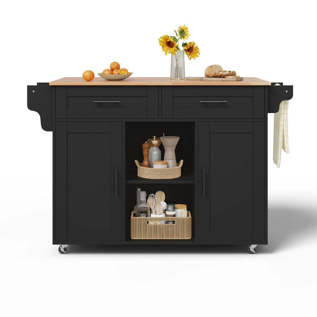 Isola da cucina mobile con piano pieghevole 145x70x94;5 cm in MDF nero con 5 ruote