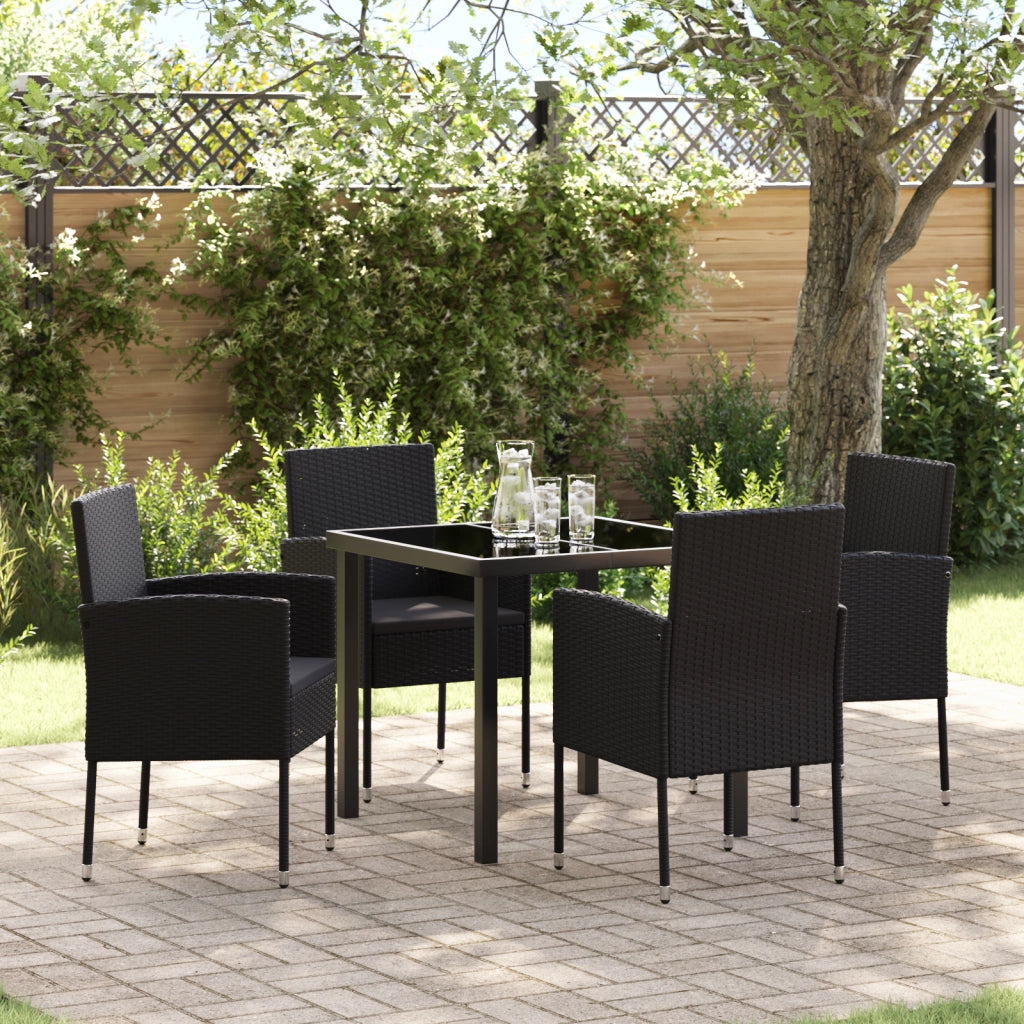 Set da Pranzo da Giardino 5 Pezzi con Cuscini Neri in Rattan Poligonale