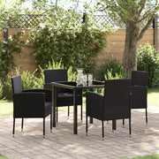 Set da Pranzo da Giardino 5 Pezzi con Cuscini Neri in Rattan Poligonale