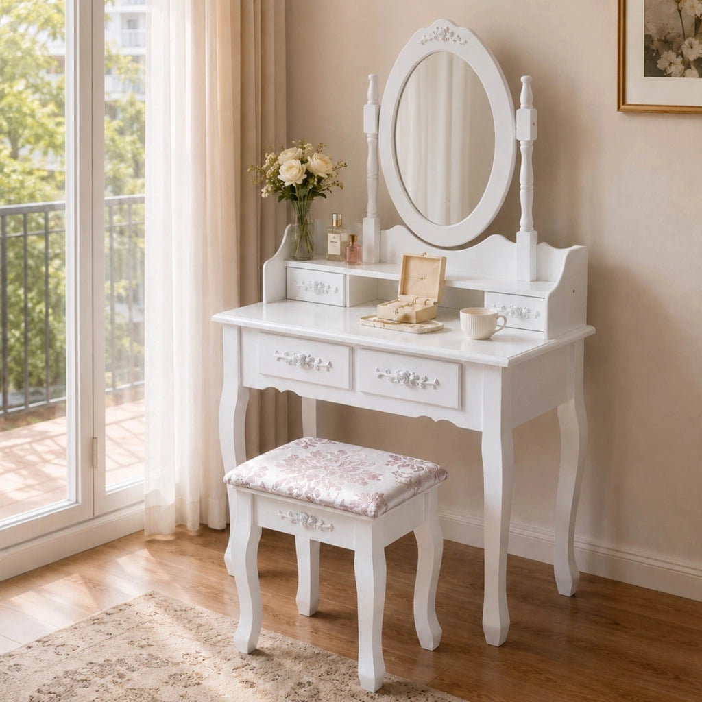 Tavolo da trucco KADAX con specchio e sgabello, bianco, 75x147 cm