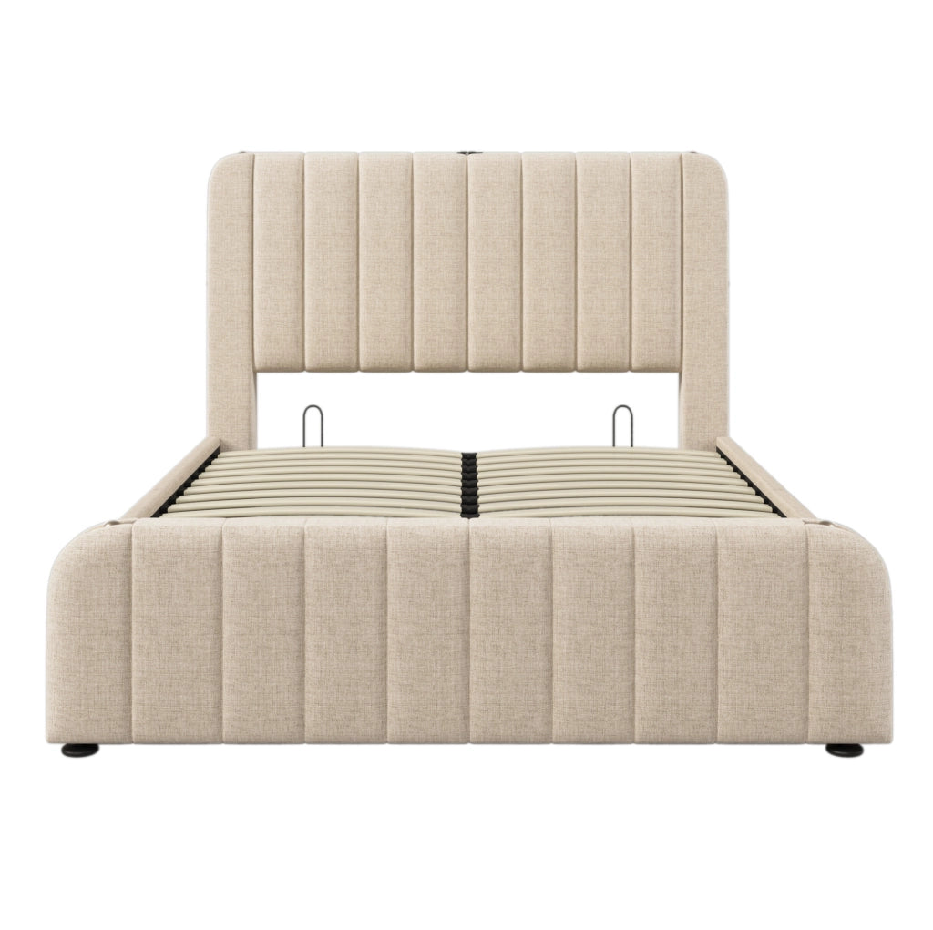 Letto matrimoniale imbottito 160x200 cm in lino beige con contenitore; USB e Type-C